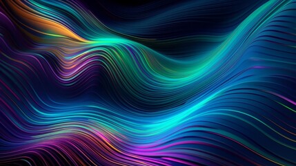 Poster - Abstract fluid iridescent holographic neon curved wave in motion colorful background 3d render. Generative ai