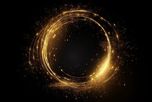 Gold Glitter Circle Trails, Glittering Light Shine Sparkles Ring On Black Background. Christmas And New Year Holiday Magic Glow Confetti And Firework Glittering Sparks Frame. Generative AI