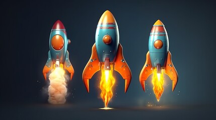 Poster - 3D cartoon rocket for startup business concept. Rendered with copy space. Generative AI