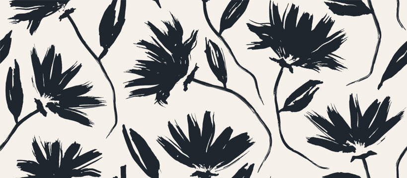 flowers hand drawn vector seamless pattern. Black brush flower silhouettes. 