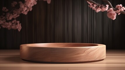 Aufkleber - Empty circle podium, wooden circle with spring cherry. Podium for product presentation. Empty podium with sakura in the background. Generative AI