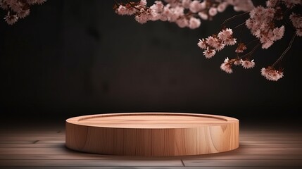 Aufkleber - Empty circle podium, wooden circle with spring cherry. Podium for product presentation. Empty podium with sakura in the background. Generative AI