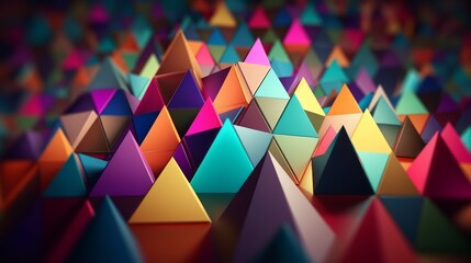 Aufkleber - Cheery 3d rendering of multicolored pyramids located on a flat surface horizontally in straight and long rows with their sharp tops aimed up. It looks wonderful, childish and innovative. Generative ai