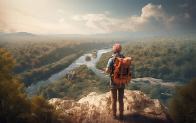 Wall Mural - Hiker with backpack standing on the edge of cliff and looking at the river, Generative AI