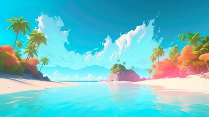 Wall Mural - Beautiful tropical beach at exotic island surrounded by the ocean. Colorful, abstract digital painting. Generative A