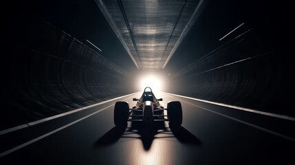 Poster - Racing car at high speed riding in illuminated road tunnel. Generative ai