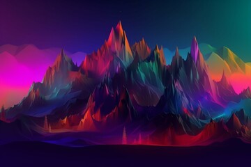 Colorful soft vivid background. High strong mountains on which neon lights and foggy colors are reflected. Soothing landscape. Generative AI