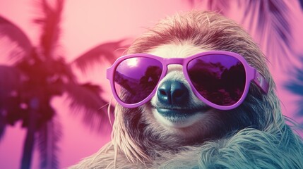 Vaporwave stylish pop art illustration with sloth wearing sunglasses on summer palm trees background. Retro placard template. AI generative image.