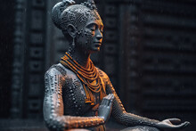 Generative AI Image Of Praying Buddhist Woman With Jewelries And Closed Eyes In Futuristic Style Under Rain