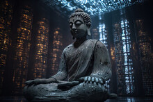 Generative AI Illustration Of Gray Buddha Statue With Closed Eyes And Crossed Legs In Background Of Illuminated Walls