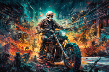 Stylish Skeleton Biker Riding Motorcycle in an Apocalyptic  World of Cool Skeletons. Rock Metal music inspired dark fantasy illustration. Perfect for Halloween or Edgy Designs - Generative AI