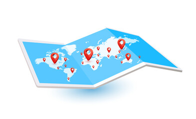 Wall Mural - Positioning pins red on world map paper blue. Isolated on white background. Travel transport concept. 3D Vector EPS10. For advertising media about tourism.