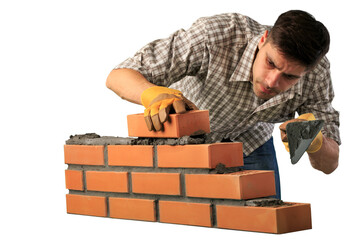 Poster - Man worker installing brick masonry wall with a trowel