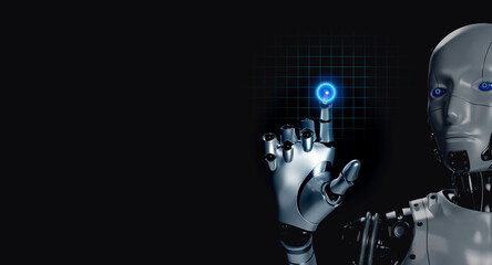 Aufkleber - 3d rendering smart humanoid robot touching finger on glowing virtual digital button on network screen on dark background with copy space. AI learning, artificial intelligence technology concept.