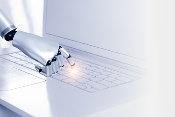 Aufkleber - 3d rendering smart humanoid robot's hand touching finger on empty key on modern white computer keyboard on white background with copy space. AI learning, artificial intelligence technology concept.