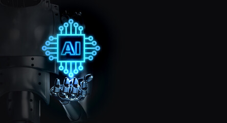 Aufkleber - Glowing AI digital computer chip touching by 3d rendering robot hand on dark background with copy space. Artificial intelligence system processor, microprocessor for data service automate technology.