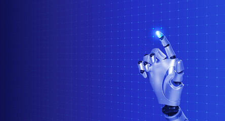 Aufkleber - 3d rendering smart humanoid robot's hand touching finger on square pixel on virtual digital network screen on blue background with copy space. AI learning, artificial intelligence technology concept.