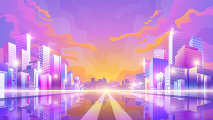 Vector colorful cityscape illustration. View of the evening street road.