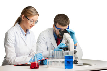 Wall Mural - Young biology scientists making test or research in clinical laboratory