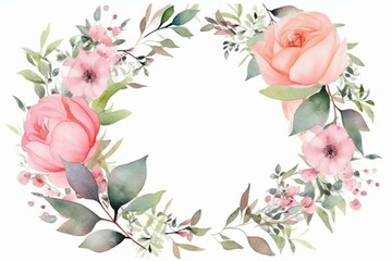 Wall Mural - Frame made of pink watercolor flowers and light green leaves, wedding and greeting illustration. Generative AI