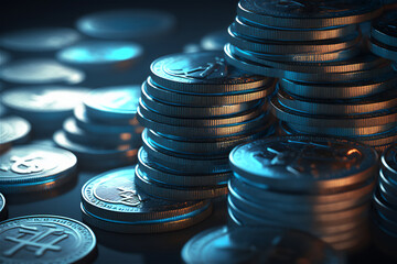 Wall Mural - money, stacks of coins close up in blue light, created with Generative AI