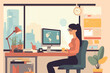 © vnevo - Woman working on laptop while sitting at table, bright colors, cartoon illustration, flat