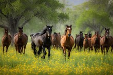 Herd Of Horses Running Free In A Lush, Green Pasture During The Springtime, Showcasing The Natural Beauty And Energy Of These Majestic Animals - Generative AI
