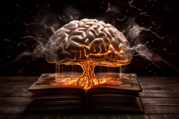A glowing brain rests atop a book, symbolizing the power of knowledge and creativity in education and learning. AI Generative.