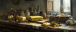 Still life with cheese on a wooden table in an old kitchen with vintage glass bottles and clay jars - Ai generated
