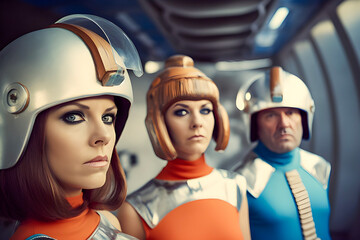 Vintage photo of people wearing retro futuristic costumes reminiscent of sci-fi TV shows of 1960s - 1970s era. AI generated illustration.