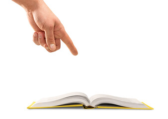 Wall Mural - opened book with business concept icons and hand making choice