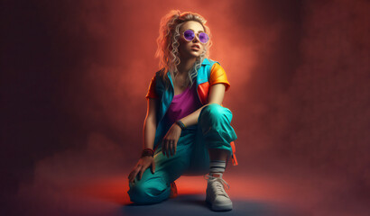 Canvas Print - fashion woman colorful, the bold eclectic fashion styles of the Y2K era. dressed in the latest fashion trends of the time, including chunky shoes, low-rise pants, crop tops, and oversized sunglasses