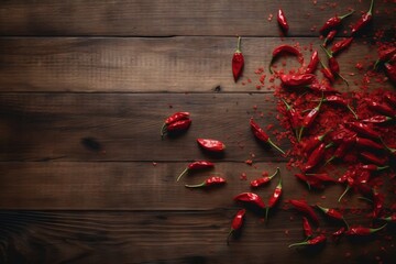 Wall Mural -  a bunch of red peppers on a wooden table with some red stuff on top of it and a knife in the middle of the table.  generative ai