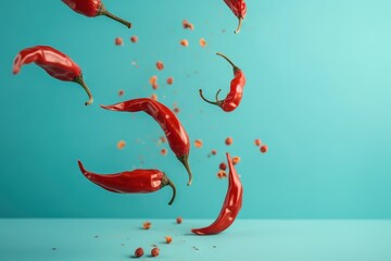 Wall Mural -  a group of red peppers flying through the air with seeds coming out of them on a blue background with a few more red peppers in the air.  generative ai