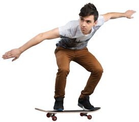 Teenage boy jumping on skateboard isolated on white