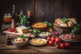 Fototapeta Nowy Jork -  a table topped with lots of different types of food and wine bottles on top of a wooden table next to bread and cheeses and other foods.  generative ai