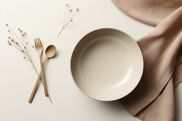  a white plate with a fork and spoon next to a napkin and a spoon rest on a white surface with a beige cloth and a pair of wooden utensils.  generative ai