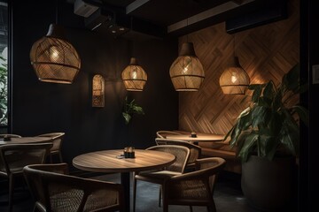 Poster -  a dimly lit restaurant with wooden tables and chairs and hanging lights over the tables and chairs on either side of the table are plants and a potted.  generative ai