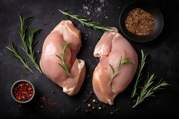  two raw chicken breasts with herbs and seasoning on a black surface next to a bowl of seasoning and a small bowl of pepper.  generative ai