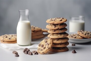  a stack of chocolate chip cookies next to a glass of milk and a plate of chocolate chips on a table with milk in the background.  generative ai