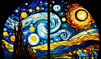 Wall Mural -  a stained glass window with a painting of a night sky and stars in the sky and a house in the foreground with a full moon in the background.  generative ai