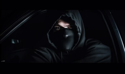  a man in a black hoodie wearing a black face mask in a dark room with a car door open and a black hoodie covering his face.  generative ai