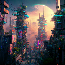 Cyberpunk City With Moon, Generative AI
