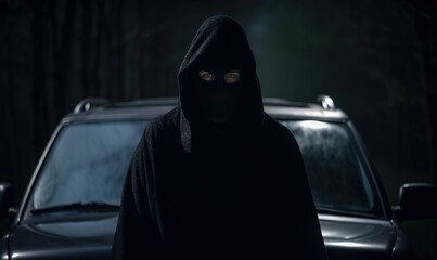  a person in a black hoodie standing in front of a car in a dark forest with a flashlight on their face and a car in the background.  generative ai