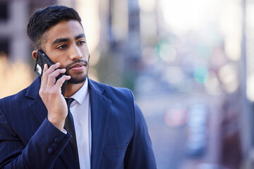 Poster - Business opportunities are like buses, theres always another one coming. a young man on a call in the city.
