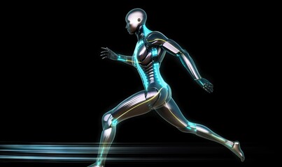  a futuristic woman running in the dark with motion blurs on her face and arms and legs, with a black background and a blue light shining on her body.  generative ai