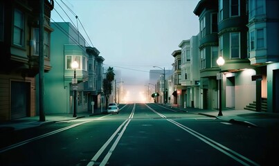 Wall Mural -  an empty street with a car parked on the side of the road at night with a foggy sky in the background and a few buildings on both sides of the street.  generative ai