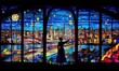 © Shanti - a person standing in front of a stained glass window with a view of a city at night and stars in the sky and a full moon.  generative ai