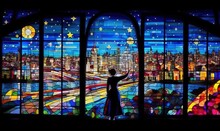  A Person Standing In Front Of A Stained Glass Window With A View Of A City At Night And Stars In The Sky And A Full Moon.  Generative Ai