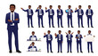 African business young man in suit. Different poses set. Various gestures male character standing and sitting at the desk isolated vector illustration